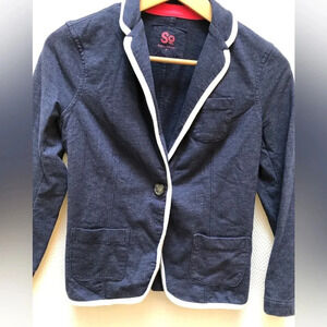 SO Blue/Gray with White Trim Cropped Jacket. Comfy & cool! Size small